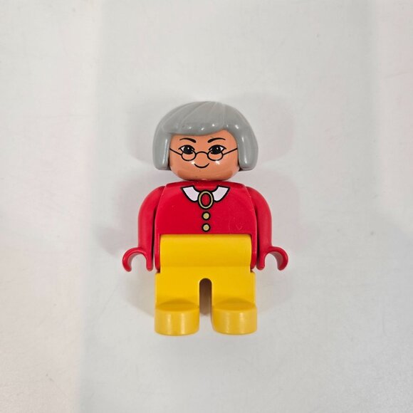 Vintage 90s Lego Duplo Asian Grandma Figure Gray Hair Glasses Red Shirt Brooch - Picture 2 of 4